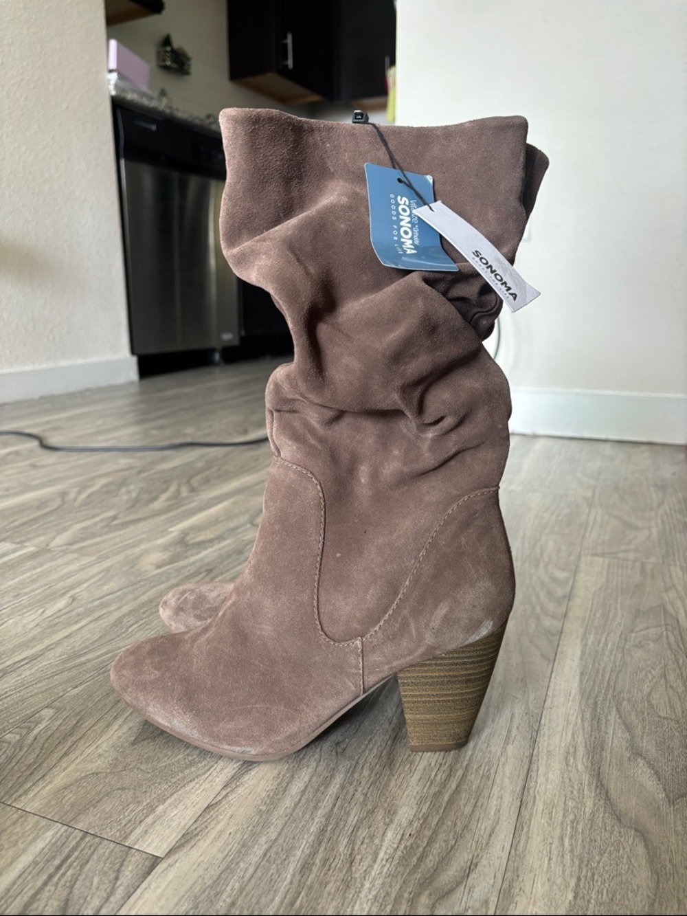 SONOMA Taupe Slouchy Suede Mid Heel Boots